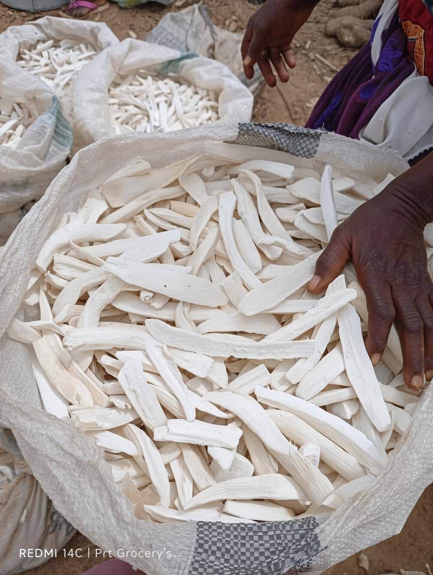 Dried cassava chips in a sack